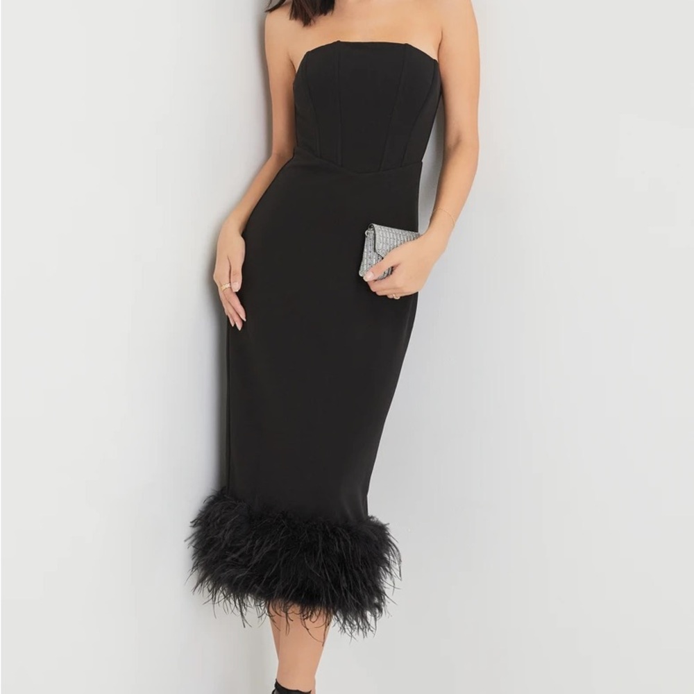 Fancy Behavior Black Bustier Strapless Feather Midi Dress